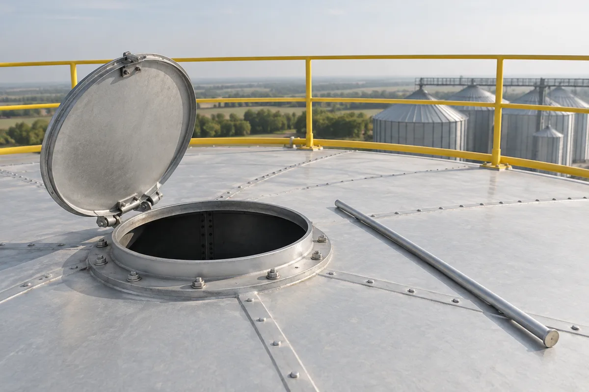 Trappe de visite ouverte sur le toit d&rsquo;un silo métallique avec une pige unie posée à côté