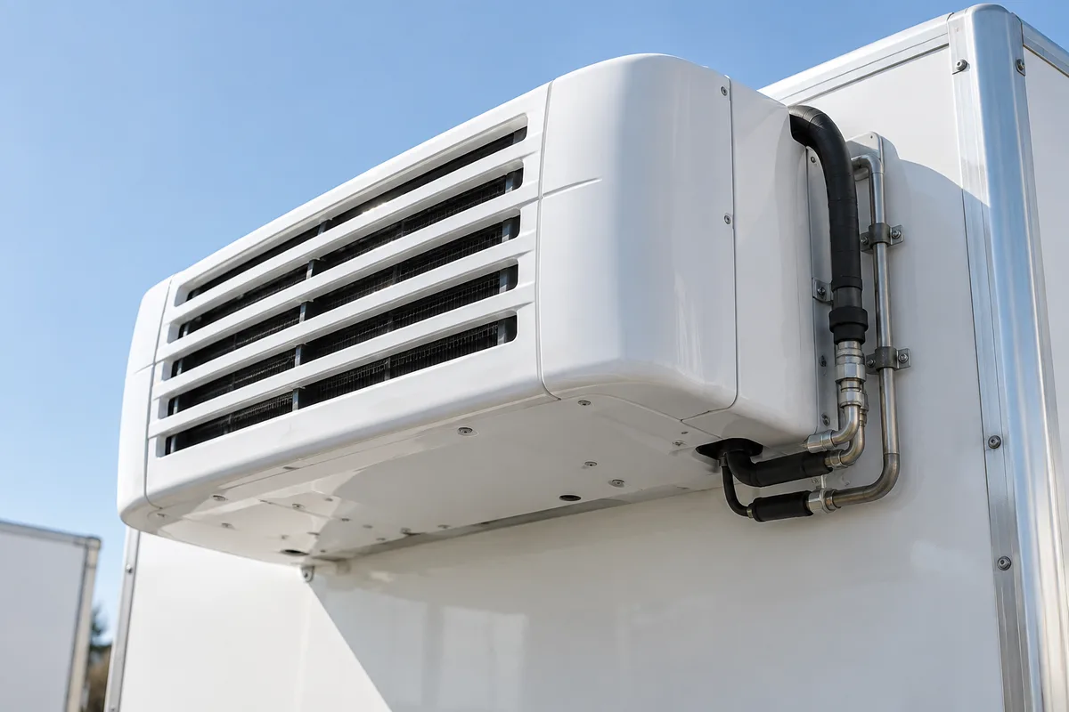 Gros plan sur le groupe frigorifique blanc fixé en façade d’une caisse isotherme de camion, grilles de ventilation visibles