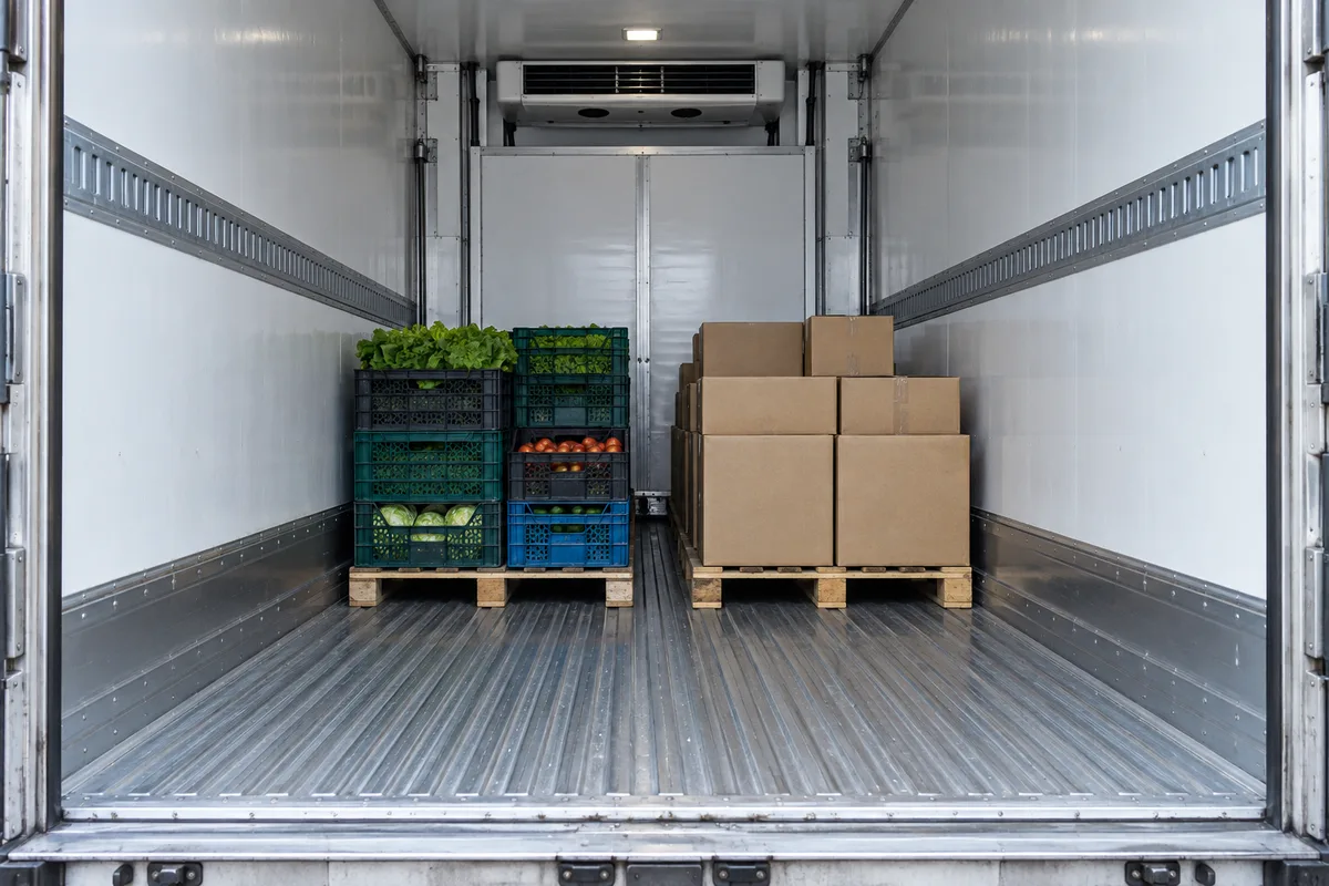 Intérieur d’une caisse frigorifique aux parois blanches avec bacs de produits frais et cloison mobile au fond