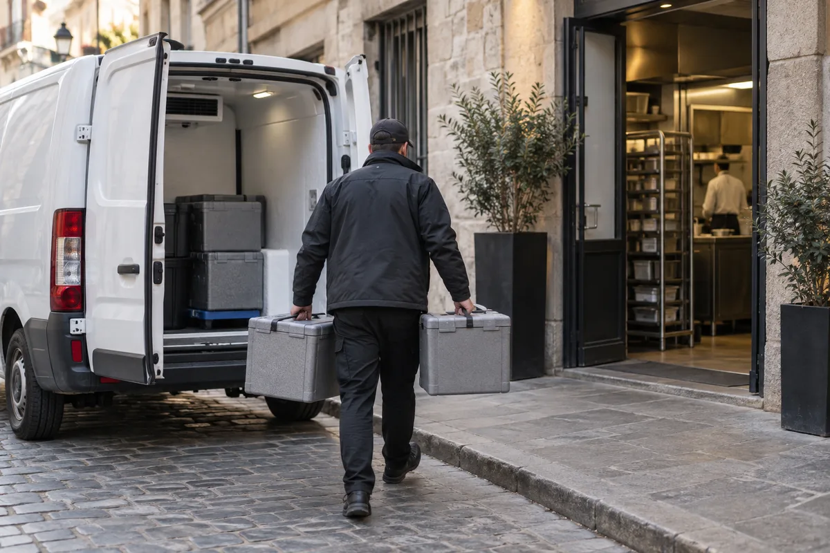 Livreur de dos déchargeant des bacs isothermes d’un utilitaire frigorifique devant l’entrée de service d’un restaurant
