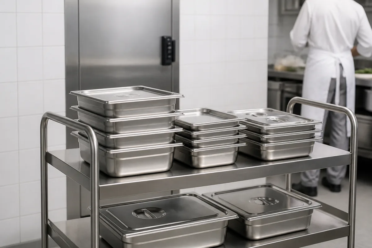 Plan de travail inox d’une cuisine centrale avec bacs vides alignés et mains gantées disposant des portions
