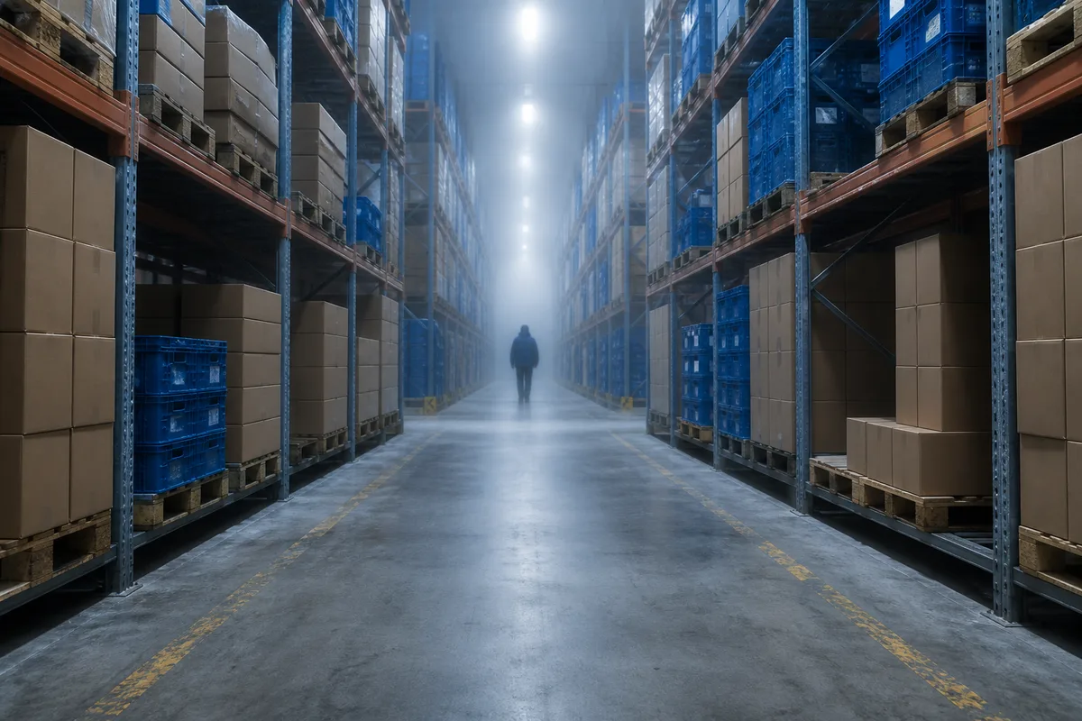 Rayonnage d’entrepôt frigorifique avec cartons alimentaires empilés sous lumière froide et légère buée