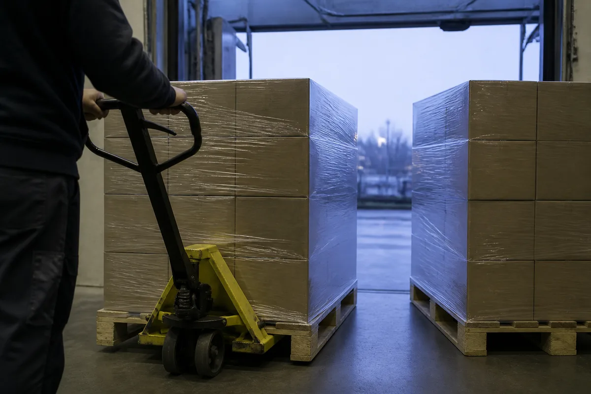 Palettes filmées et transpalette manuel devant un quai de réception d’entrepôt alimentaire, tôt le matin