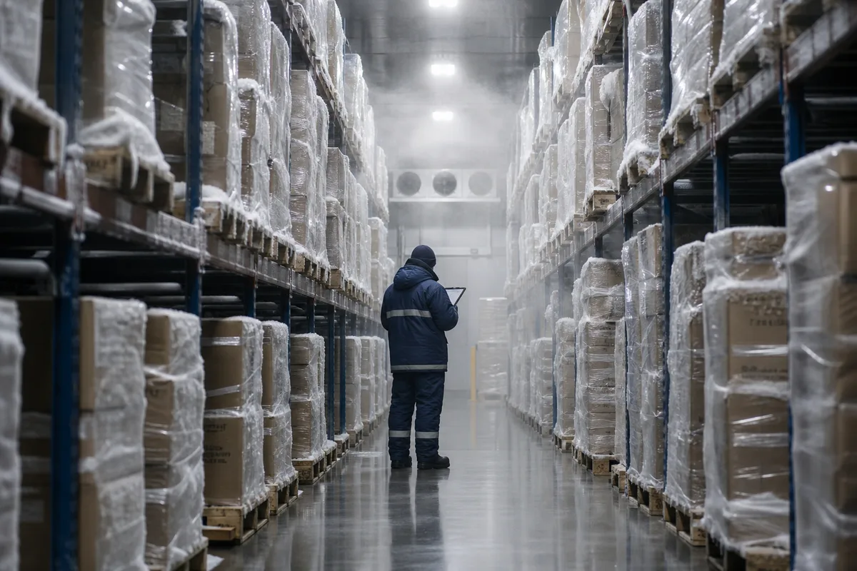 Intérieur d’un entrepôt frigorifique avec rayonnages de produits alimentaires surgelés emballés, légère buée dans l’air, technicien de dos en combinaison chaude consultant une tablette