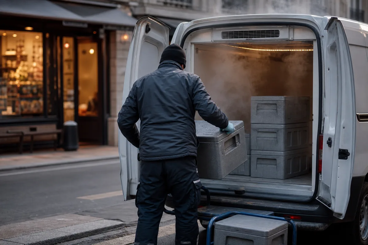 Livreur de dos déchargeant des bacs isothermes d’une camionnette frigorifique vers l’arrière-boutique d’un commerce alimentaire, tôt le matin dans une rue urbaine