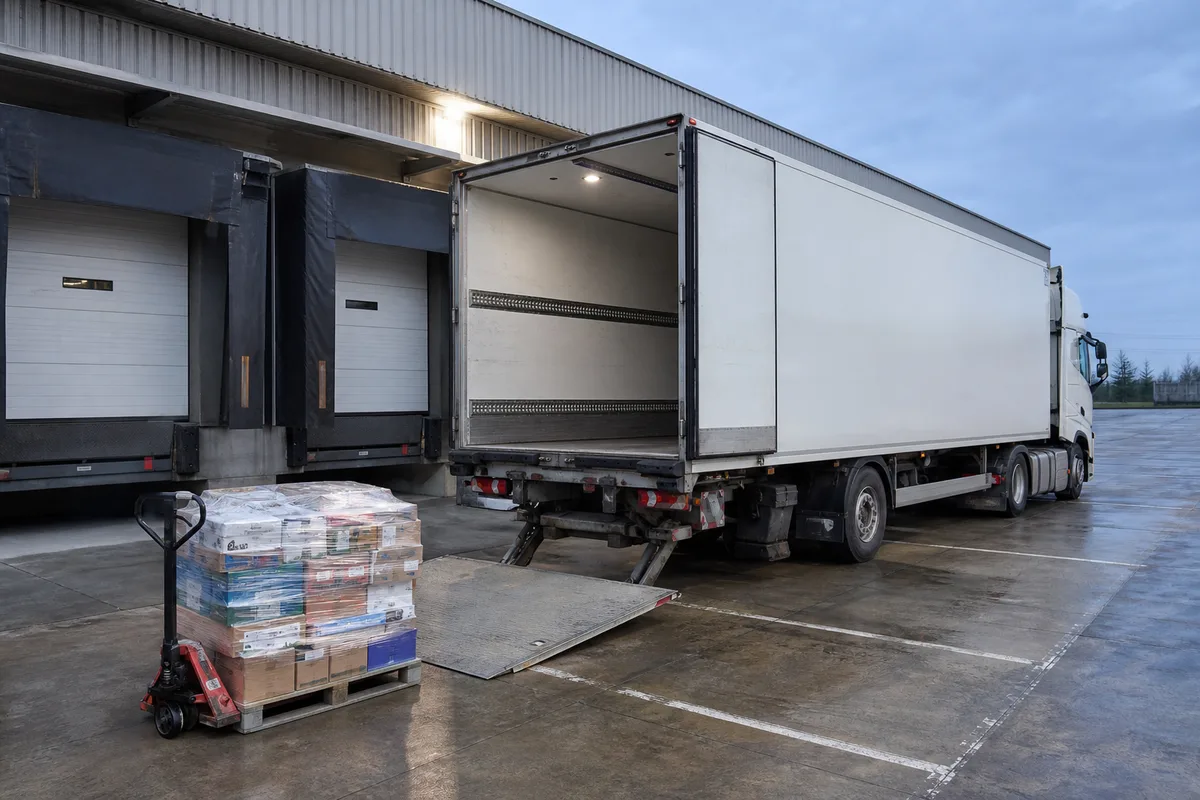 Camion frigorifique blanc stationné devant un quai de chargement d’entrepôt logistique au petit matin, hayon ouvert, palette de cartons alimentaires sous film étirable posée sur un transpalette
