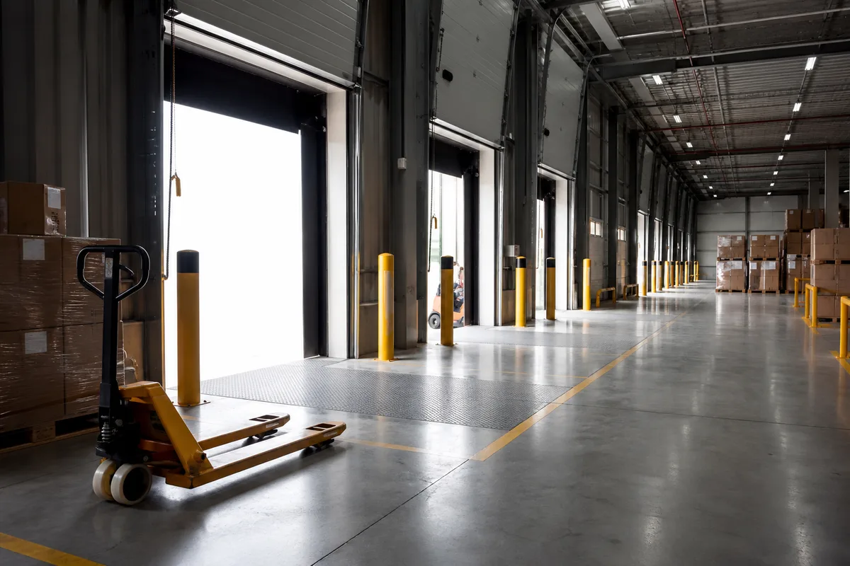 Rangée de portes de quai ouvertes vue depuis l’intérieur d’une plateforme de transbordement