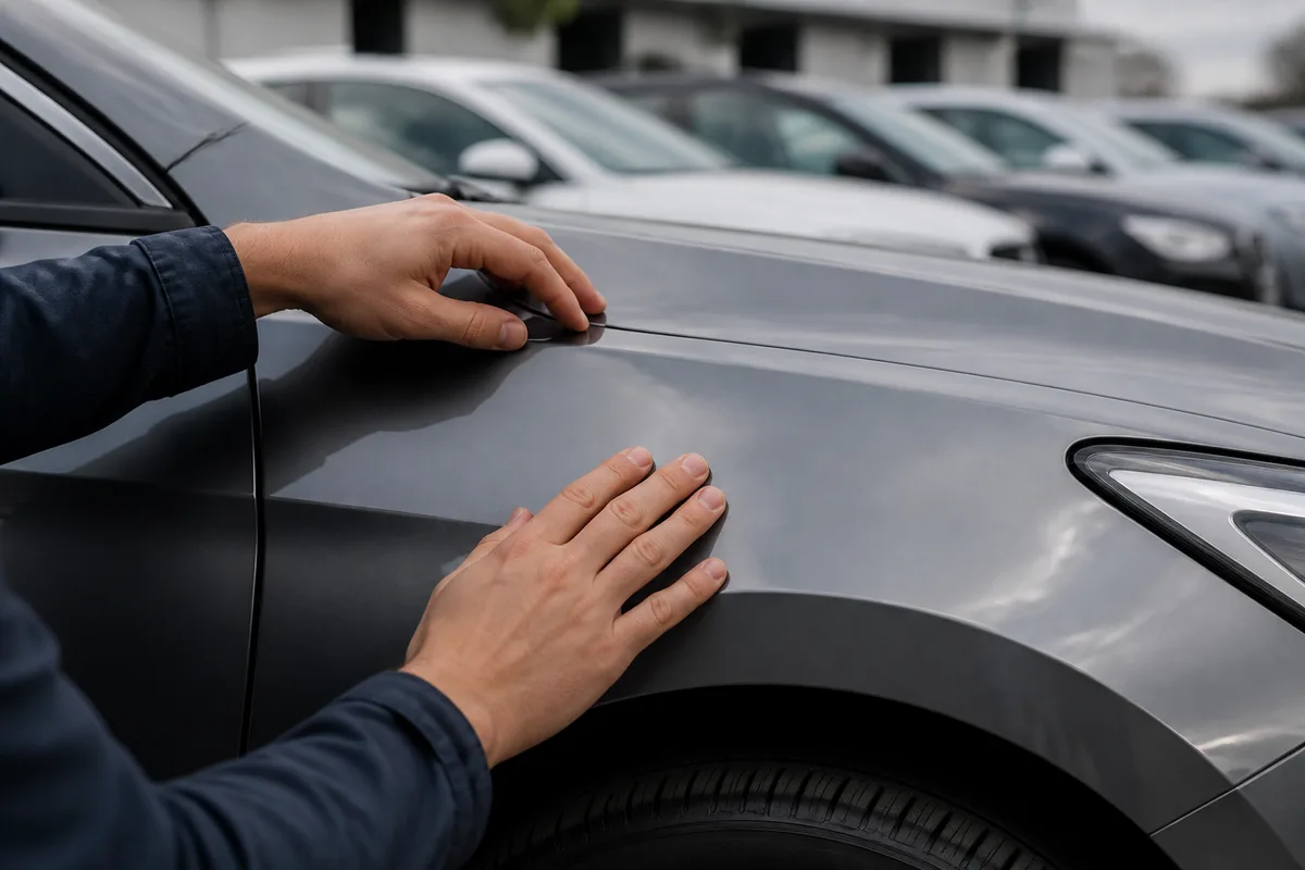 Mains d&rsquo;un conducteur inspectant l&rsquo;aile avant d&rsquo;une berline grise stationnée sur un parking d&rsquo;entreprise avant un convoyage
