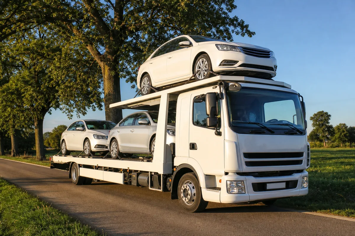 Camion porte-voitures à plateau chargé de trois berlines claires stationné le long d&rsquo;une route de campagne bordée d&rsquo;arbres