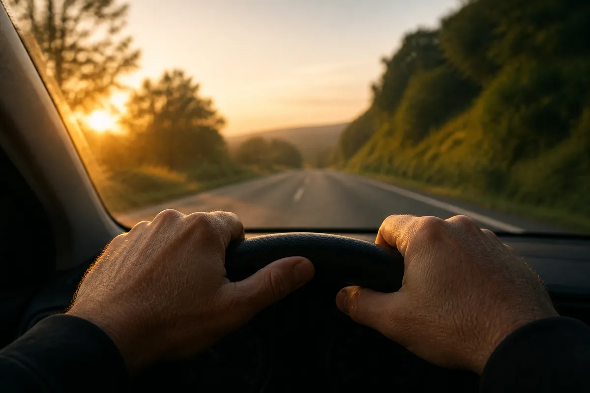 Mains d&rsquo;un conducteur posées sur le volant d&rsquo;une voiture roulant sur une route dégagée au lever du soleil