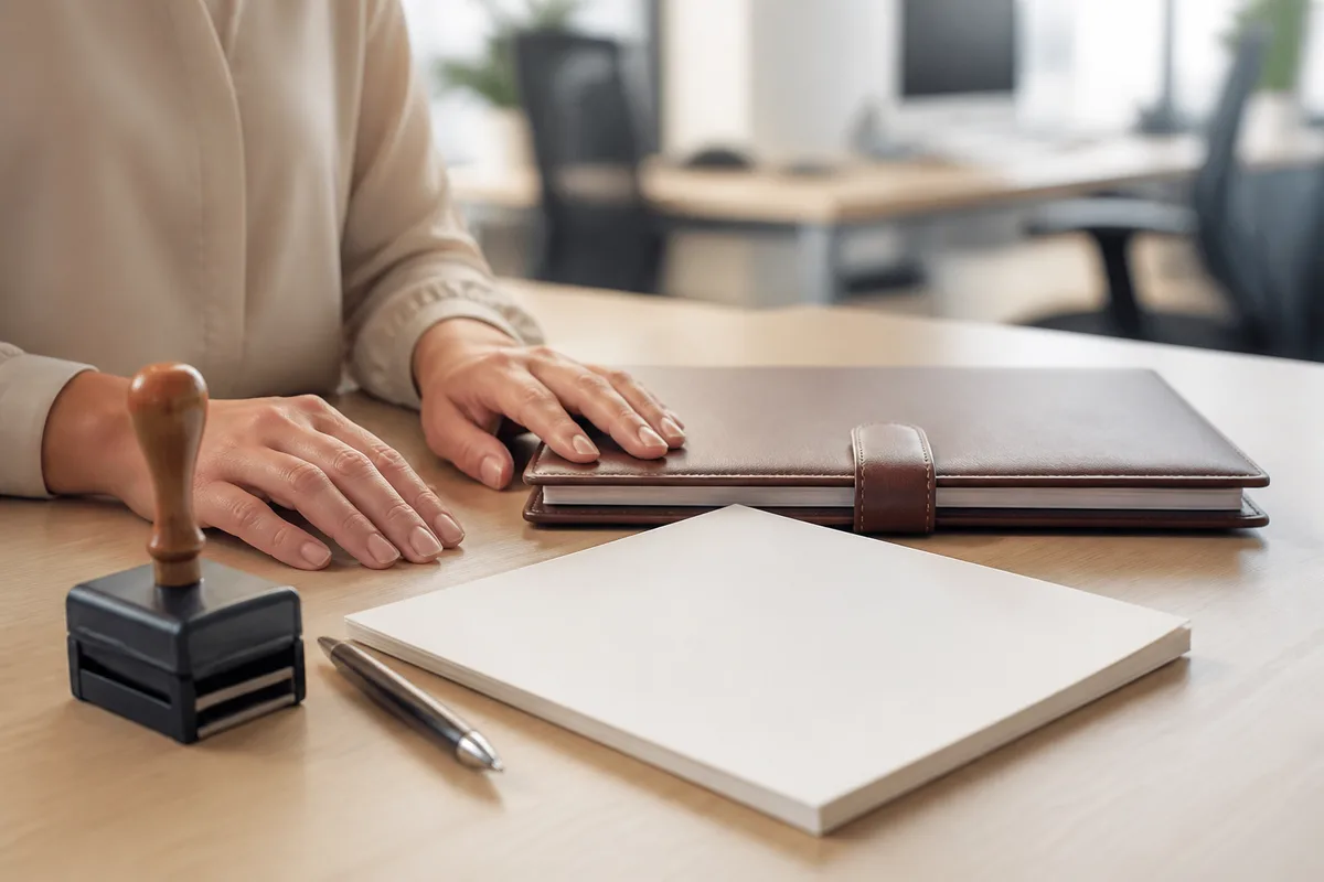 Poste d’administration des ventes avec parapheur fermé et tampon sur un plan de travail clair