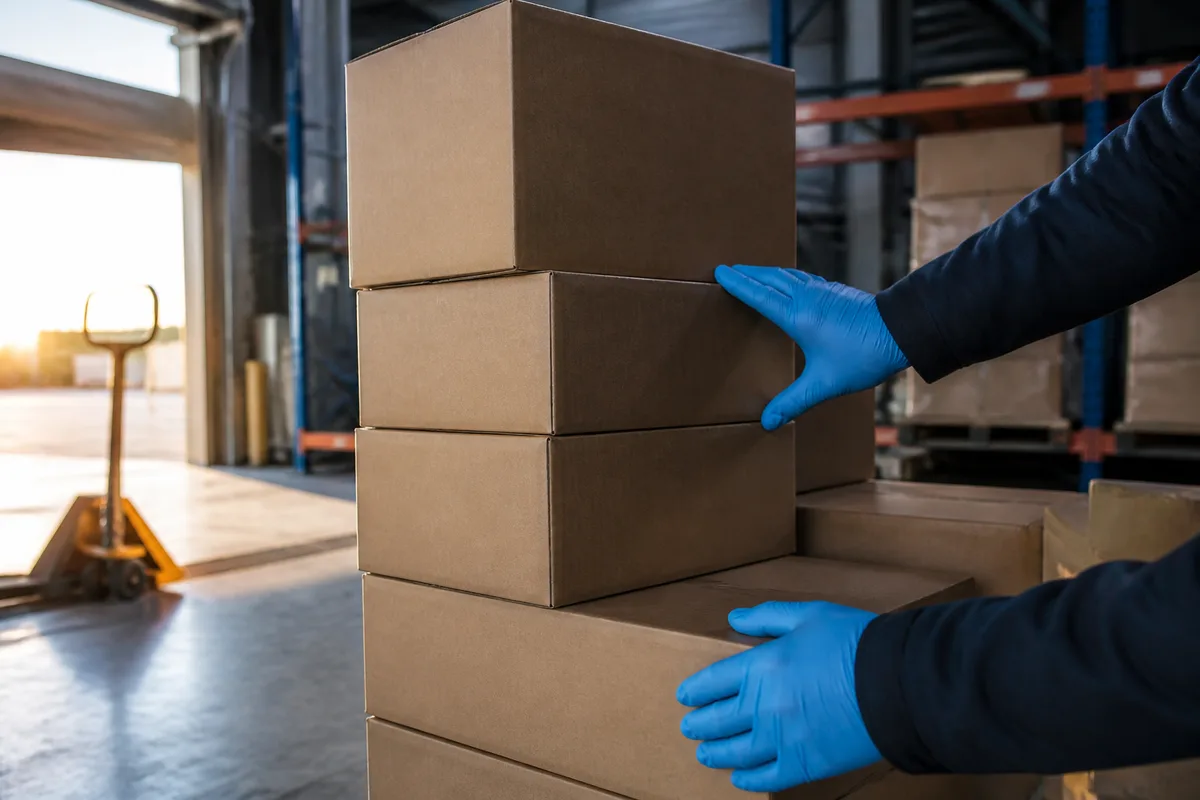 Mains gantées vérifiant des cartons sur un quai de préparation de commandes