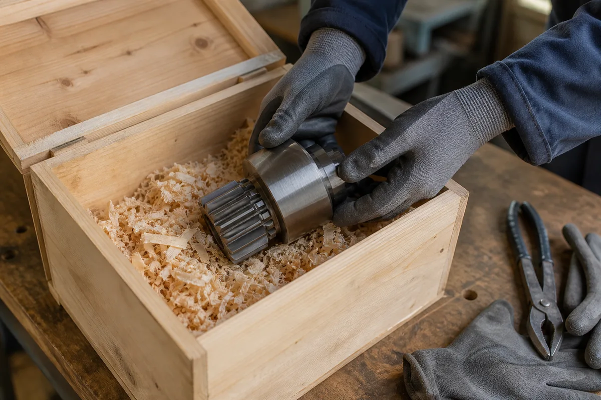 Caisse en bois claire ouverte sur un établi d’atelier, copeaux de calage clairs et mains gantées disposant une pièce mécanique