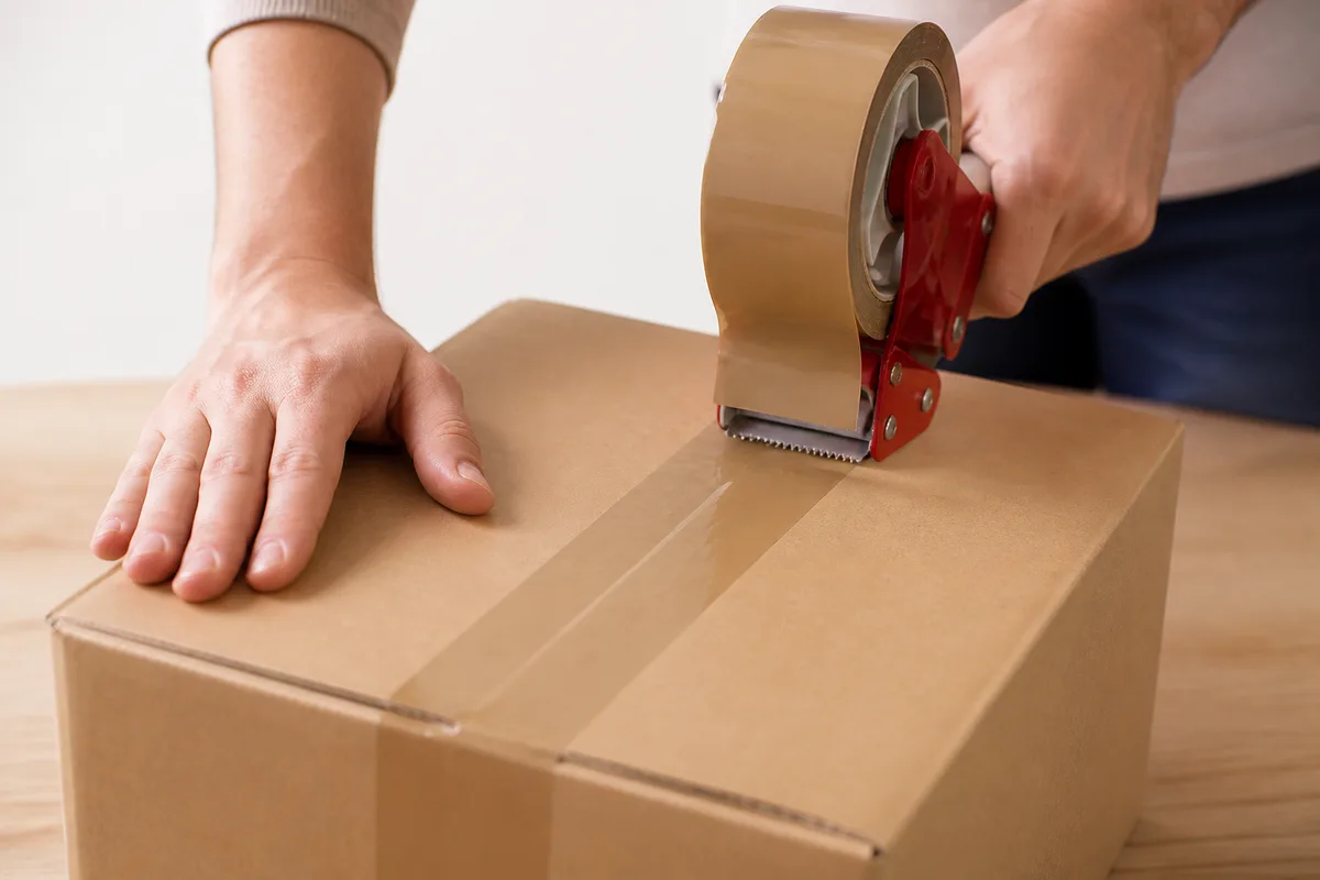 Mains posant une bande d’adhésif brun sur les rabats d’un carton brun uni, plan rapproché sur un plan de travail clair