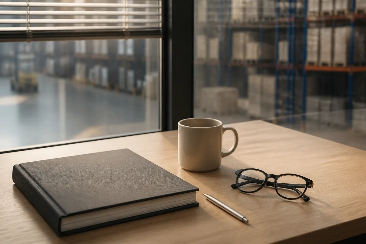 Bureau vitré de plateforme logistique avec un classeur fermé, une tasse et une paire de lunettes