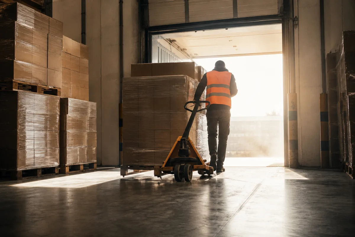 Quai de réception d&rsquo;un entrepôt de distribution avec cartons empilés et transpalette