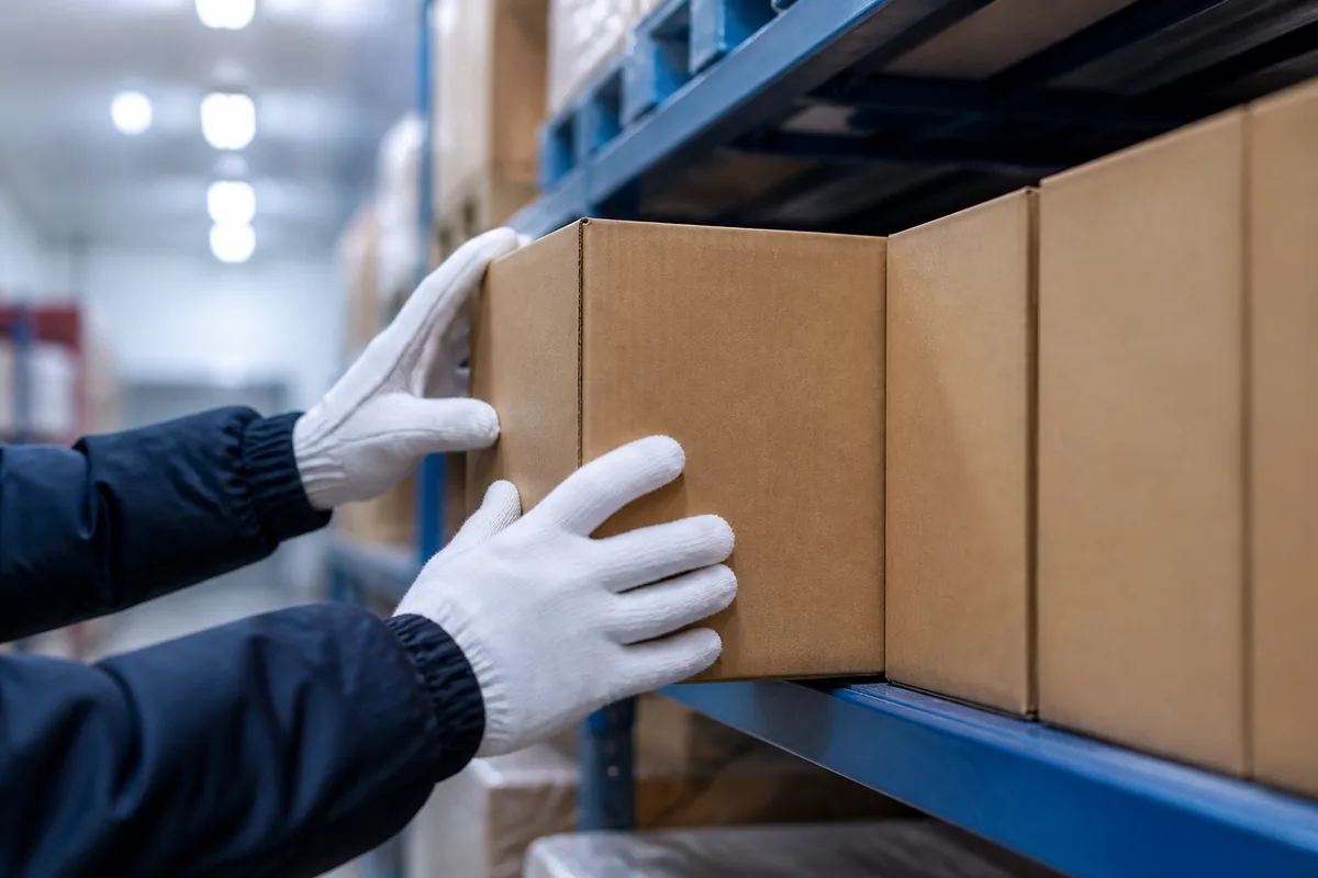 Mains rangeant des colis sur un rayonnage métallique d&rsquo;entrepôt alimentaire