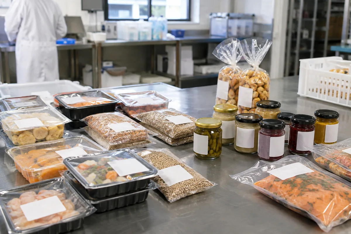 Table de préparation avec des produits alimentaires emballés et étiquetés, éclairage neutre d’atelier agroalimentaire