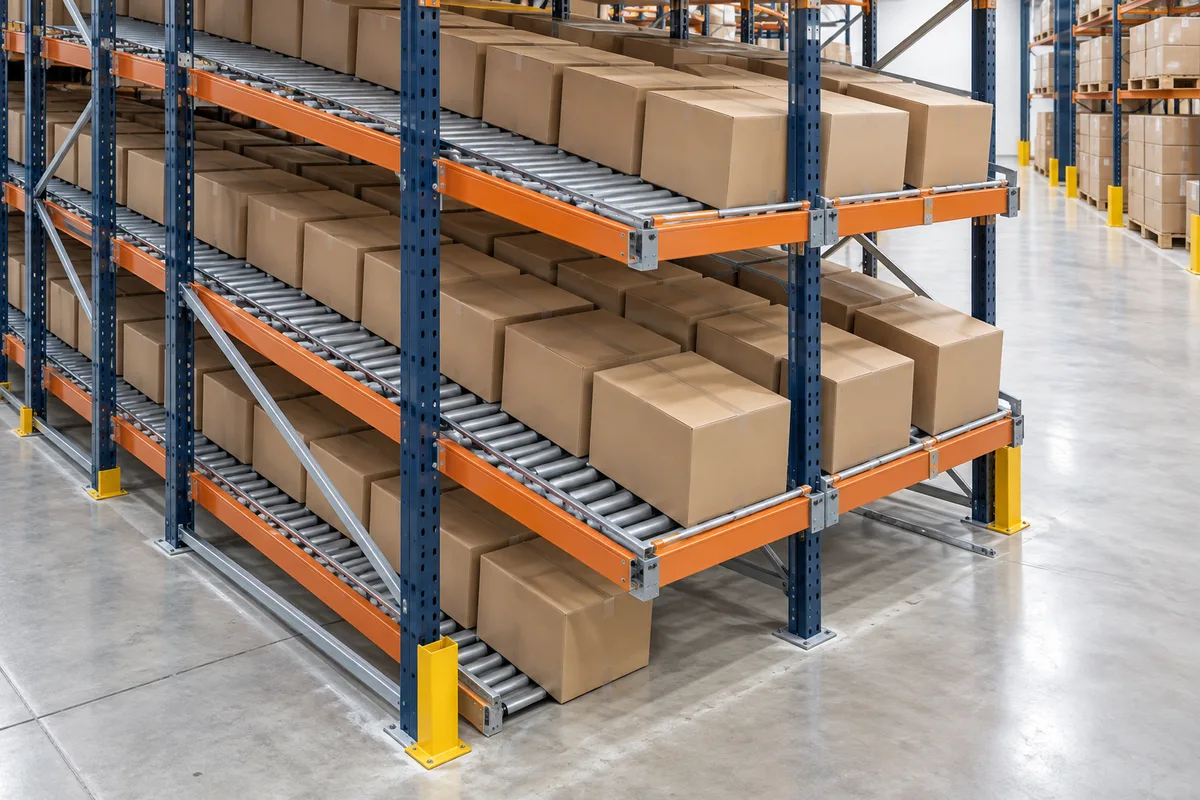 Rayonnage dynamique à rouleaux chargé de cartons bruns avançant vers la face de prélèvement