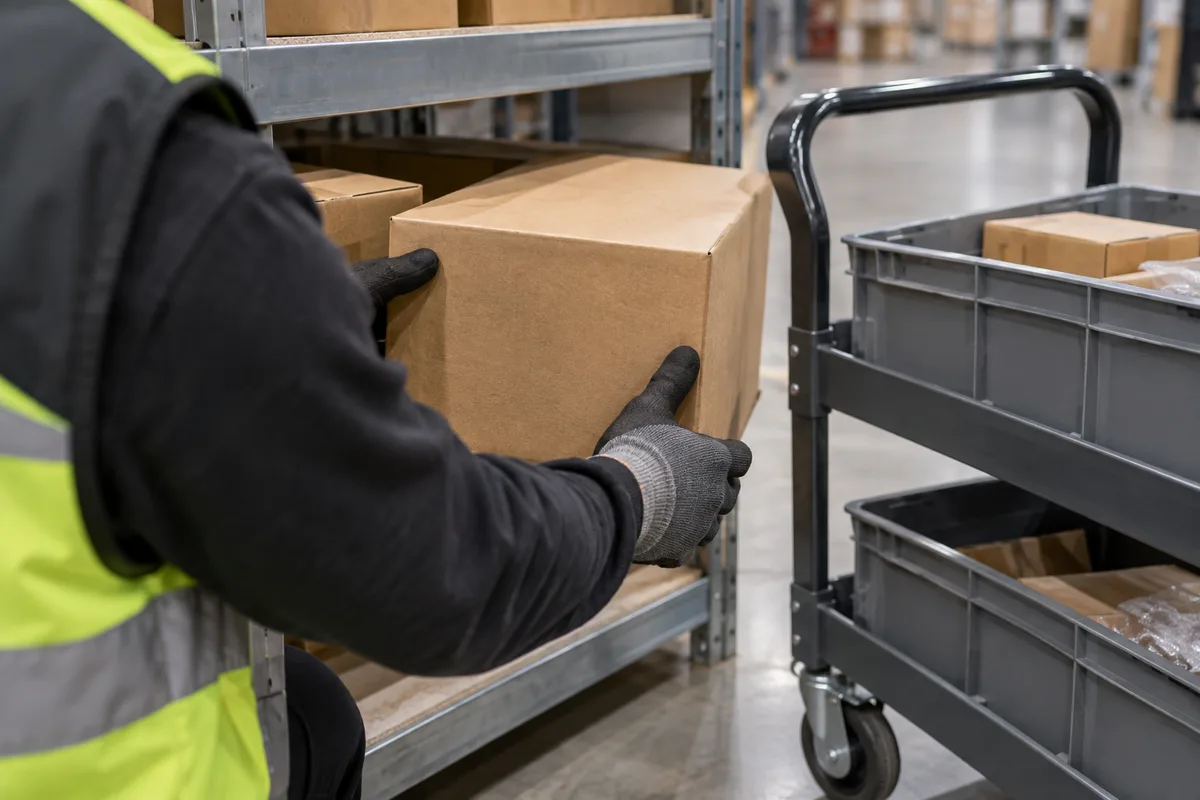 Mains gantées d’un préparateur saisissant un carton sur une étagère basse à côté d’un chariot