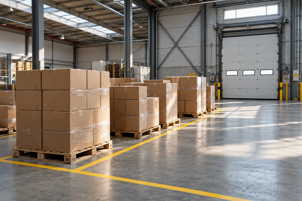 Zone de réception d’entrepôt avec palettes de produits secs alignées devant un quai fermé