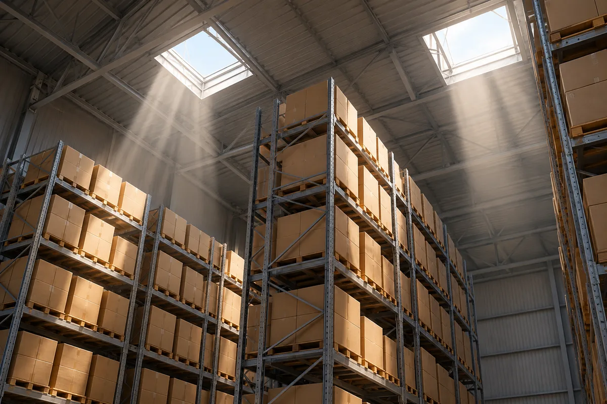 Lanterneaux ouverts dans la toiture d&rsquo;un hall logistique, au-dessus des racks à palettes