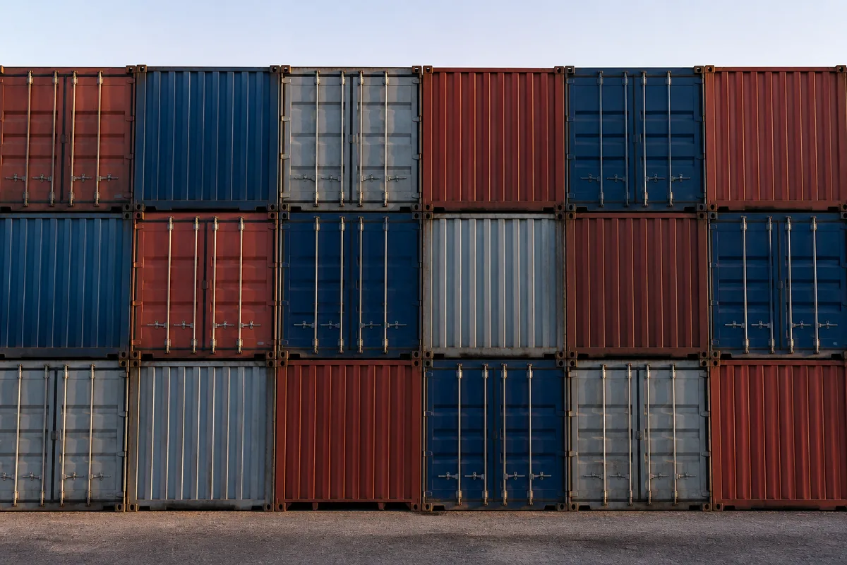 Conteneurs maritimes empilés sur un terminal portuaire au petit matin