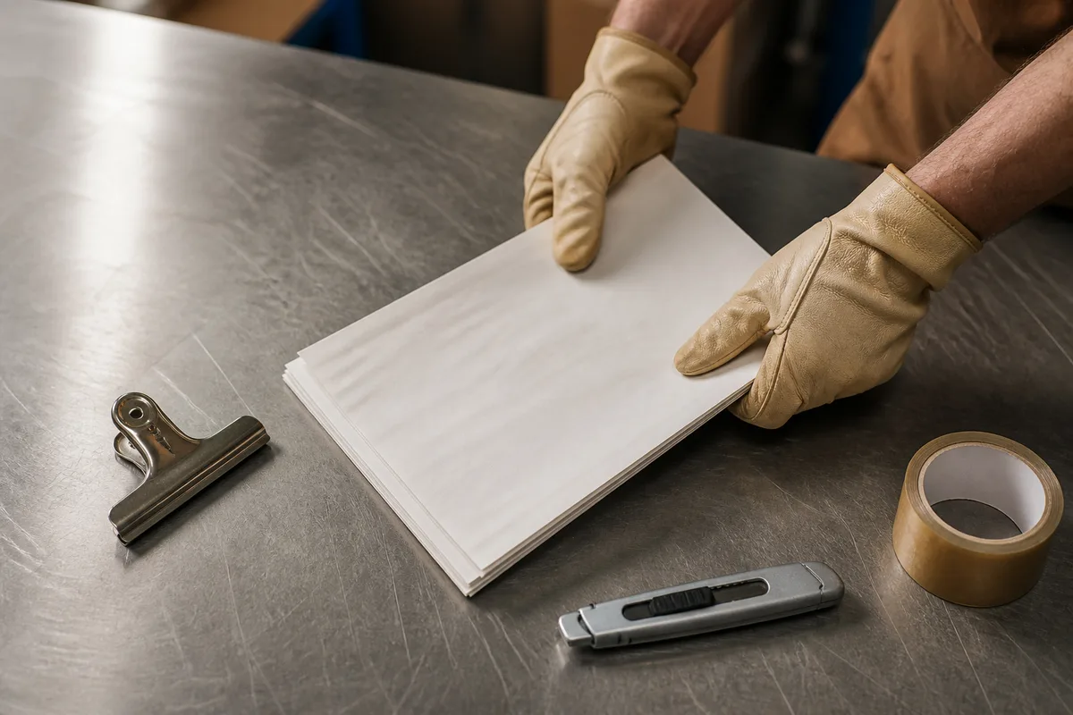 Mains gantées manipulant un document papier posé sur une table d’atelier logistique