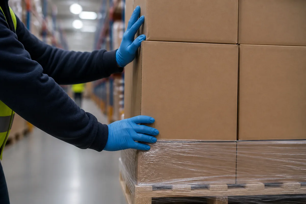 Mains gantées comptant des cartons empilés sur une palette filmée dans une allée d&rsquo;entrepôt