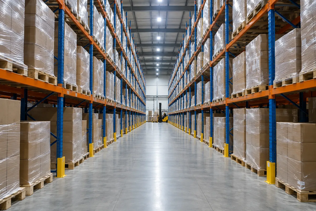 Allées d’un entrepôt de distribution alimentaire avec racks chargés de palettes filmées sous un éclairage froid
