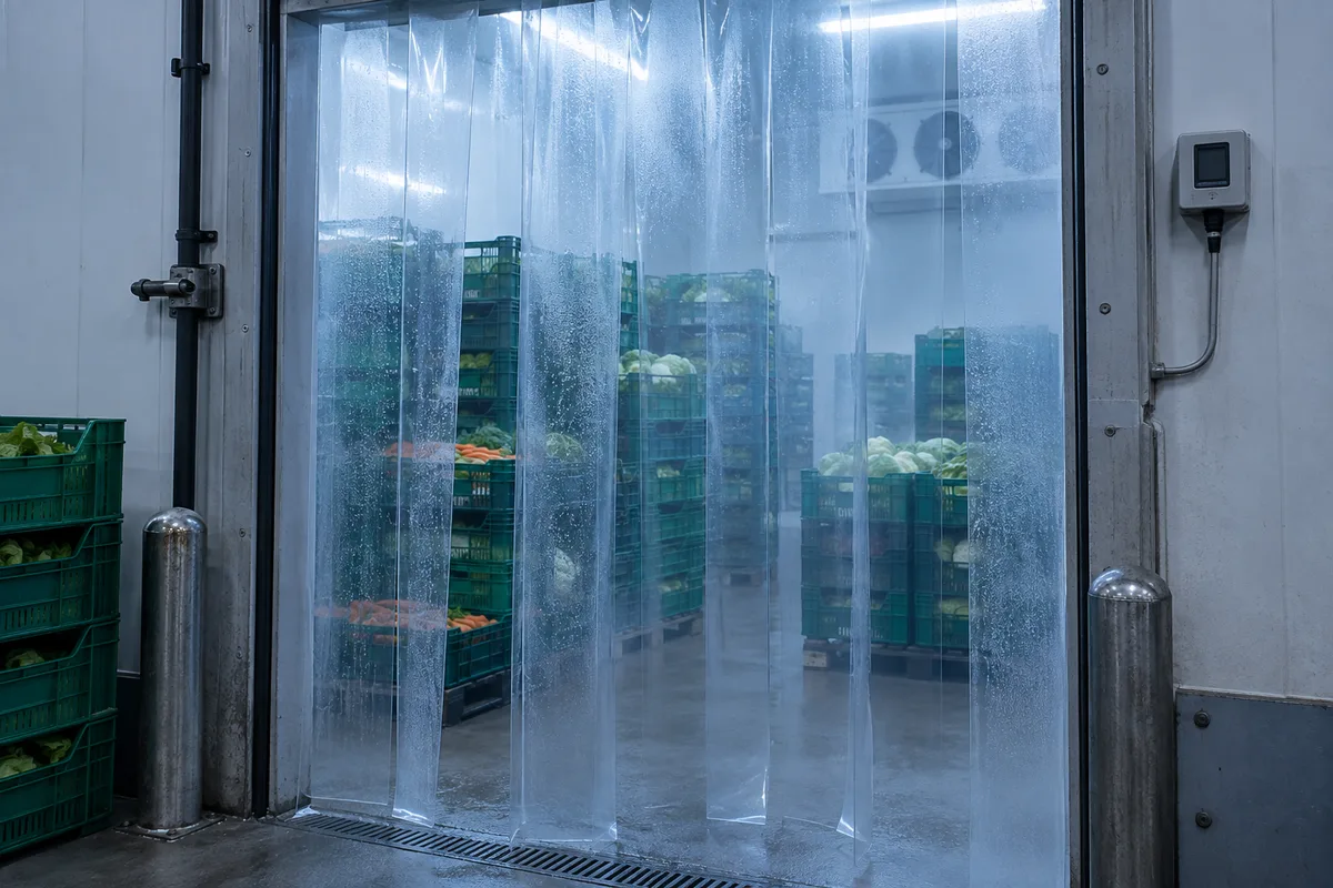 Chambre froide d’entrepôt aux portes à lanières transparentes, caisses empilées et buée légère