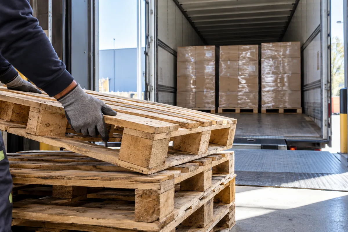 Mains gantées posant une palette vide sur une pile au pied d’une remorque à quai