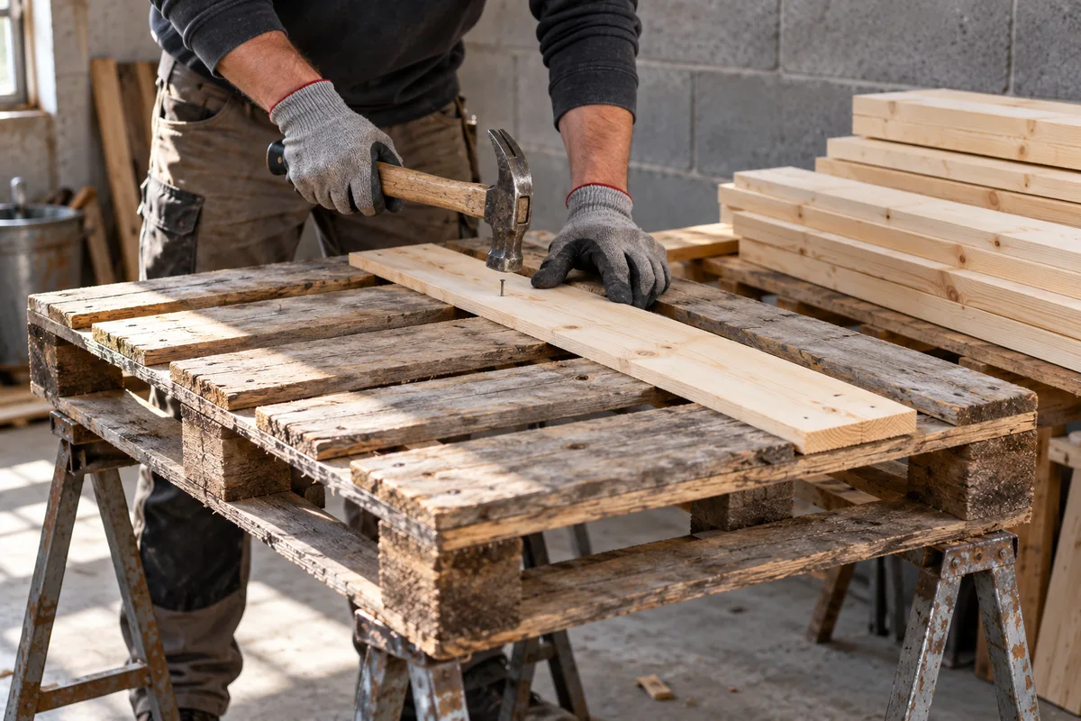 Palette en bois sur des tréteaux, une planche neuve en cours de remplacement à l’atelier