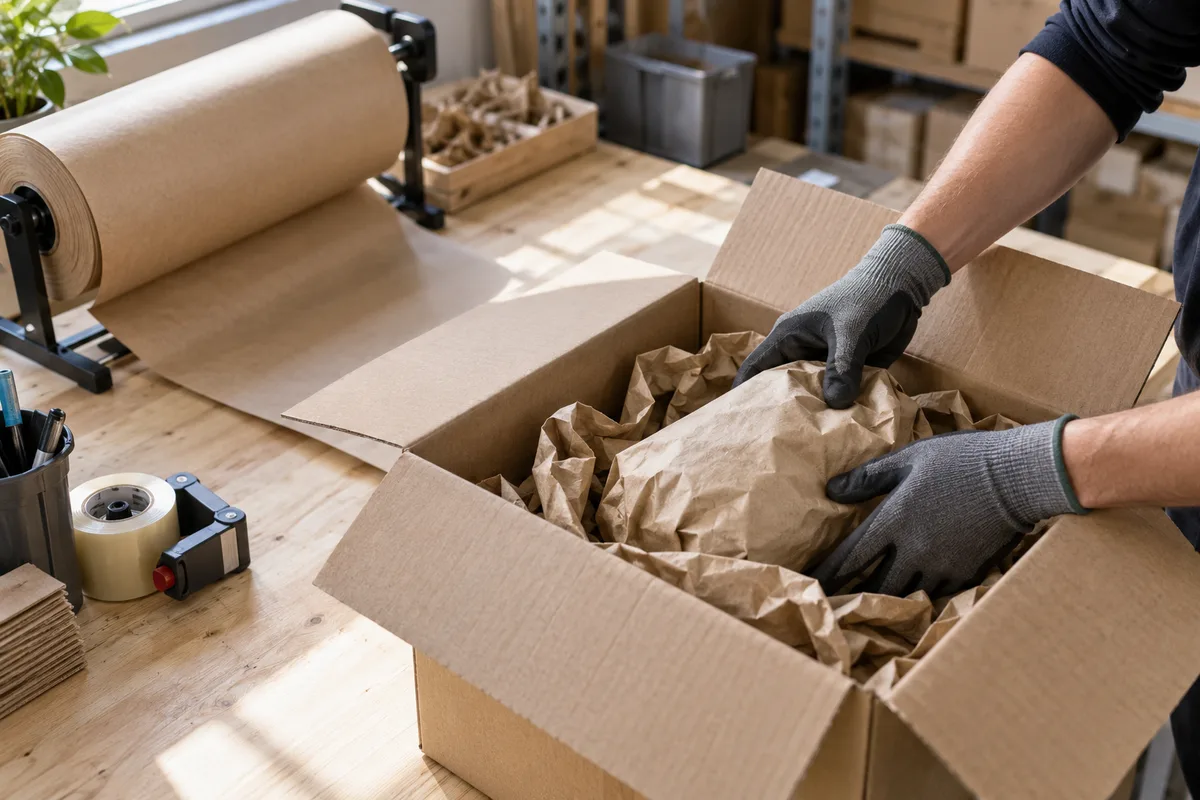 Mains gantées calant un produit dans un carton ouvert sur un poste d&rsquo;emballage