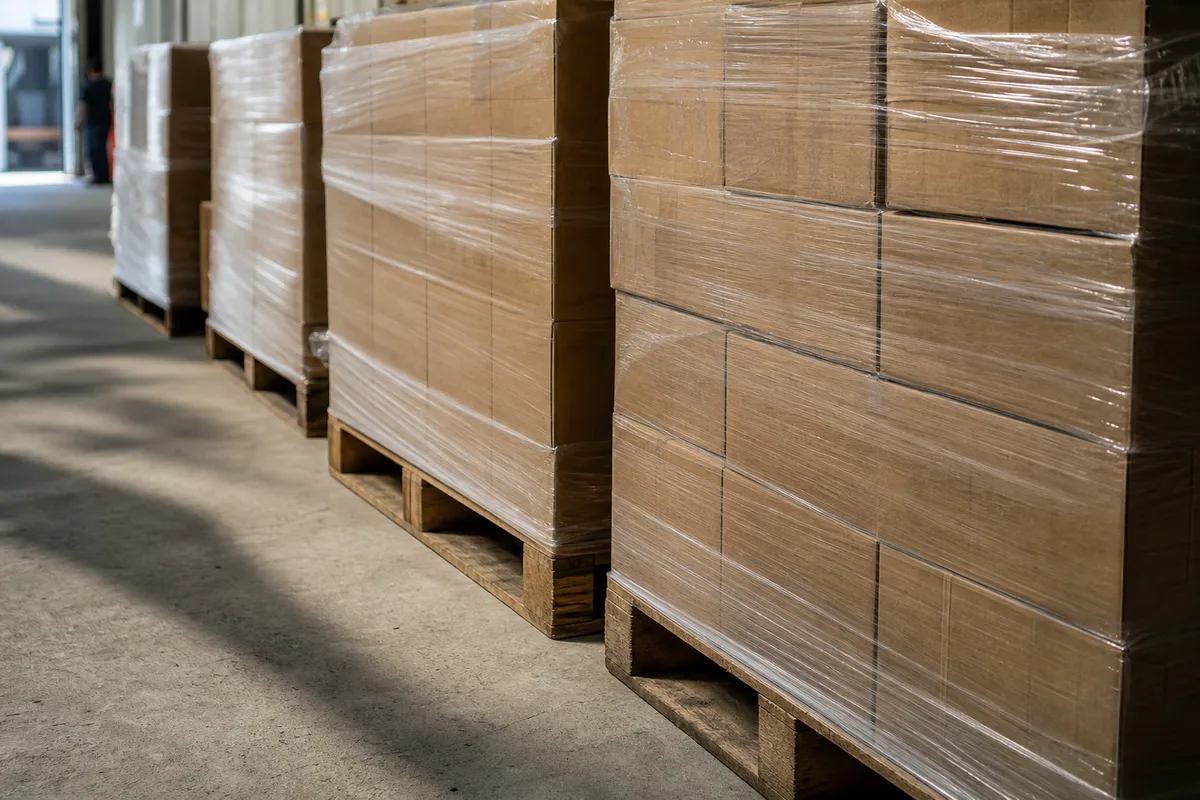 Palettes de marchandises alignées dans une allée d’entrepôt logistique