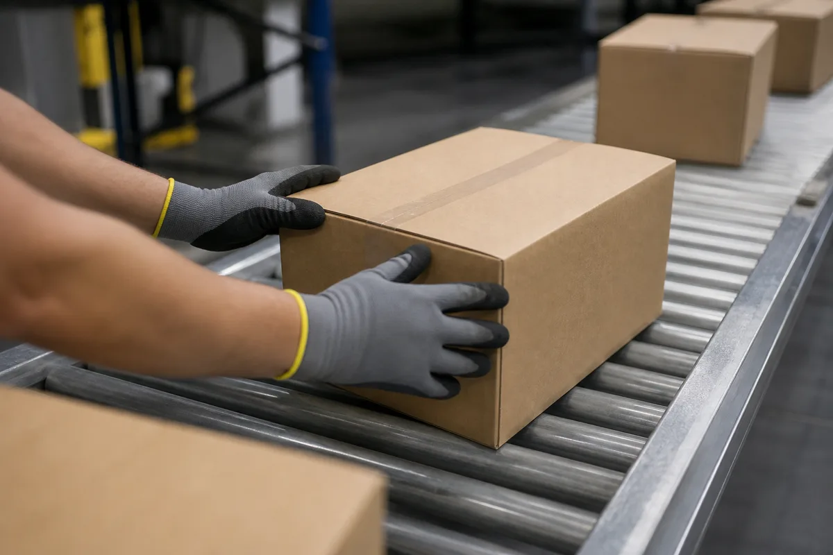 Cartons de préparation de commandes sur un convoyeur à rouleaux