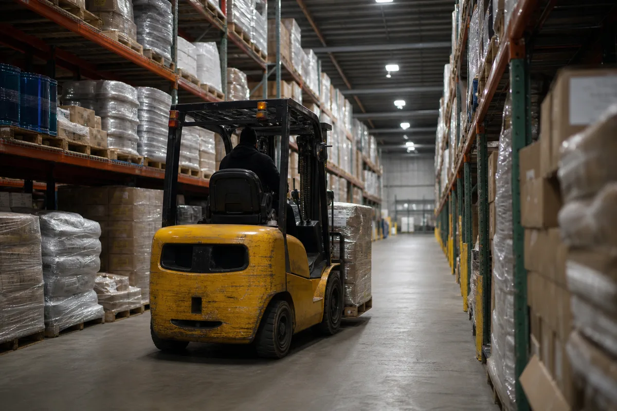 Chariot élévateur circulant dans une allée de stockage en hauteur