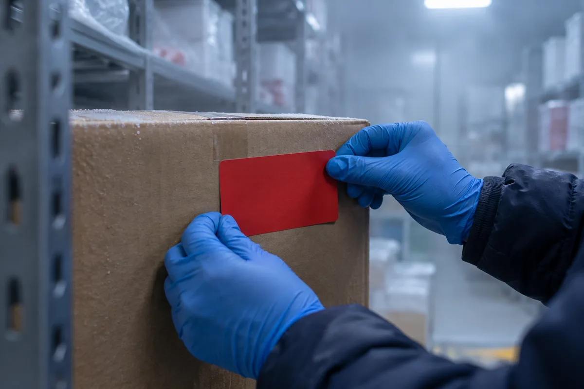 Mains gantées posant une étiquette rouge unie sur un carton dans une chambre froide