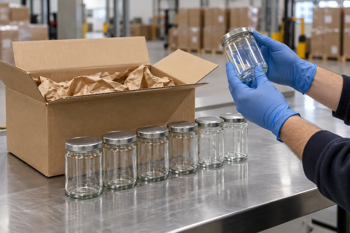 Carton brun ouvert sur une table de contrôle avec des pots de verre lisses