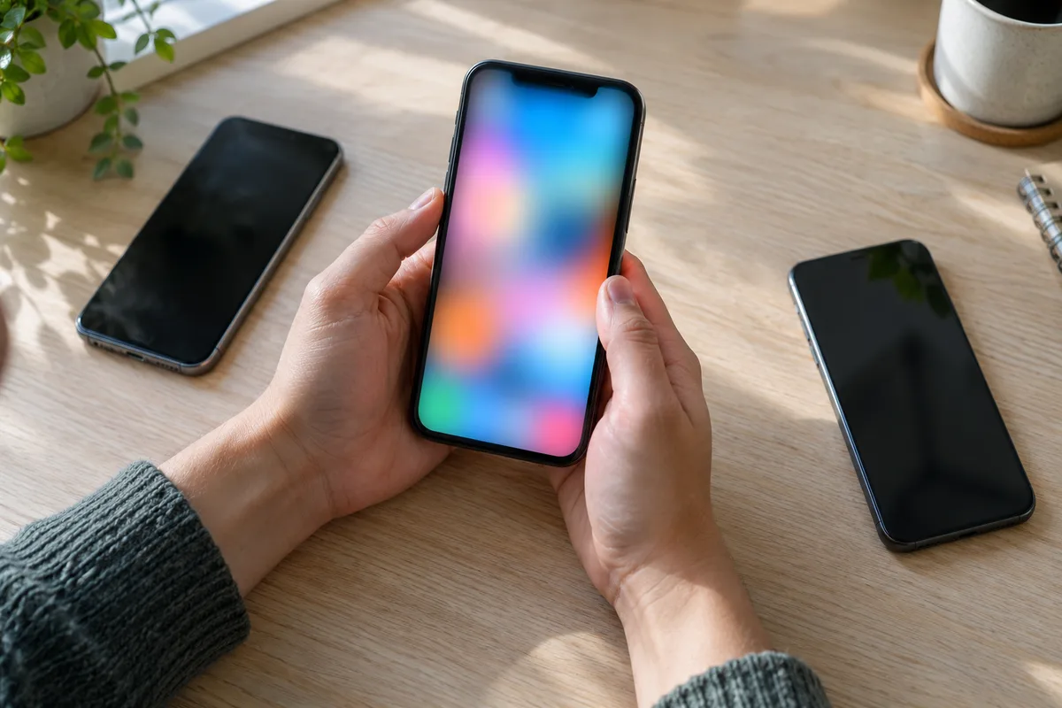 Mains tenant un smartphone vertical à l’écran flou et coloré au-dessus d’un bureau, deux téléphones posés à plat