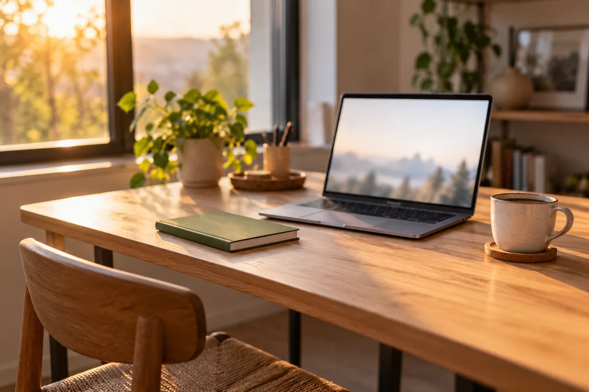 Table de travail avec un ordinateur portable à l’écran flou, un carnet fermé et une tasse en fin d’après-midi