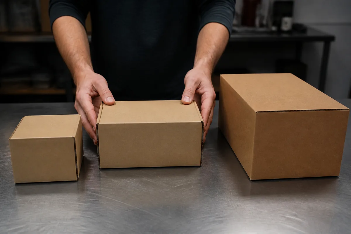 Mains d&rsquo;artisan alignant trois cartons d&rsquo;expédition sur une table de travail en métal