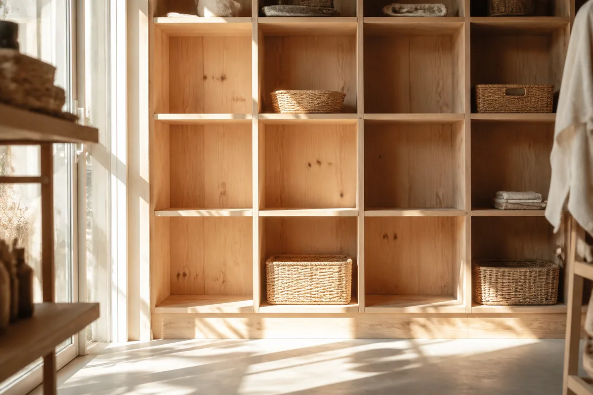Casiers en bois clair d&rsquo;une boutique artisanale éclairés par une fenêtre latérale