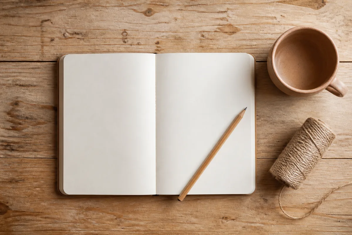 Carnet ouvert et crayon posés sur un plan de travail en bois baigné de lumière matinale