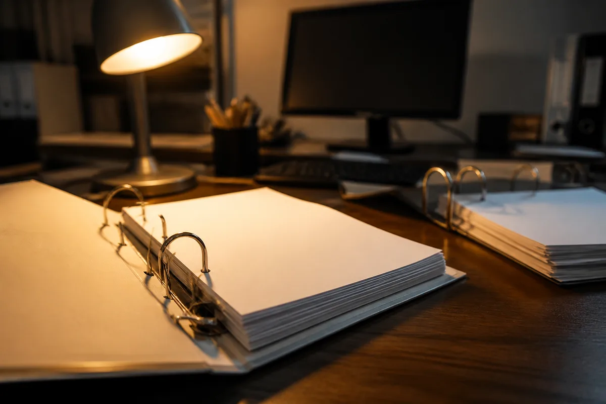 Bureau administratif avec écran affichant une facture structurée et classeurs de bons de livraison, fin de journée