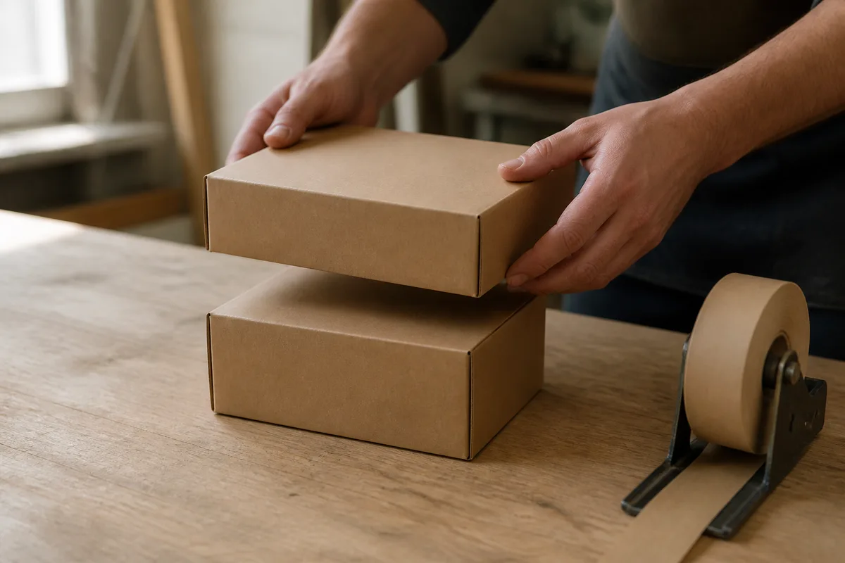 Mains posant deux cartons bruns unis sur un établi en bois clair éclairé par une fenêtre latérale