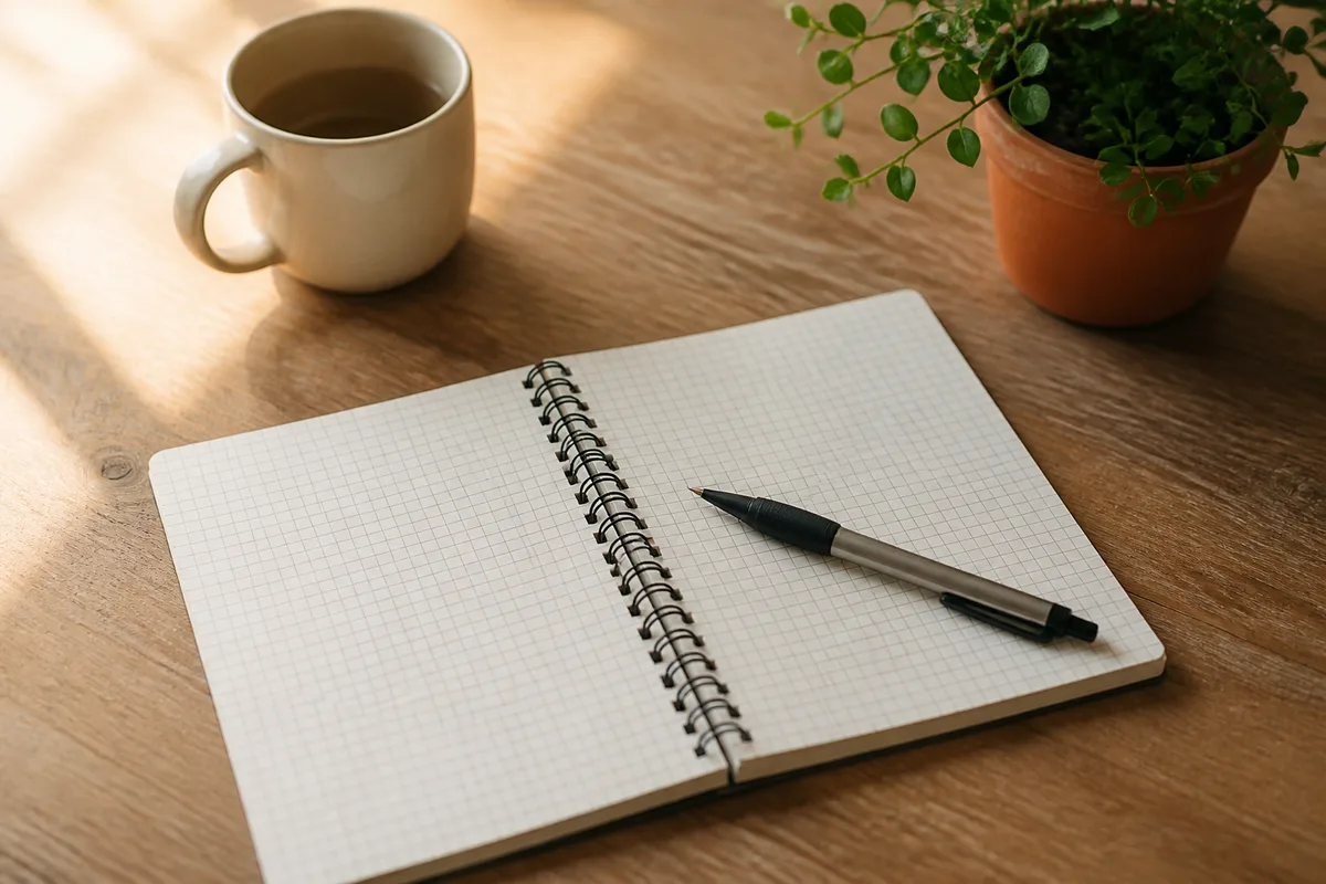 Carnet à spirale ouvert et stylo posés sur un plan de travail en bois, lumière matinale douce