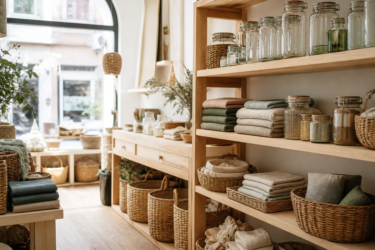 Rayonnages en bois clair d&rsquo;une petite boutique garnis de bocaux et de textiles pliés, lumière du jour